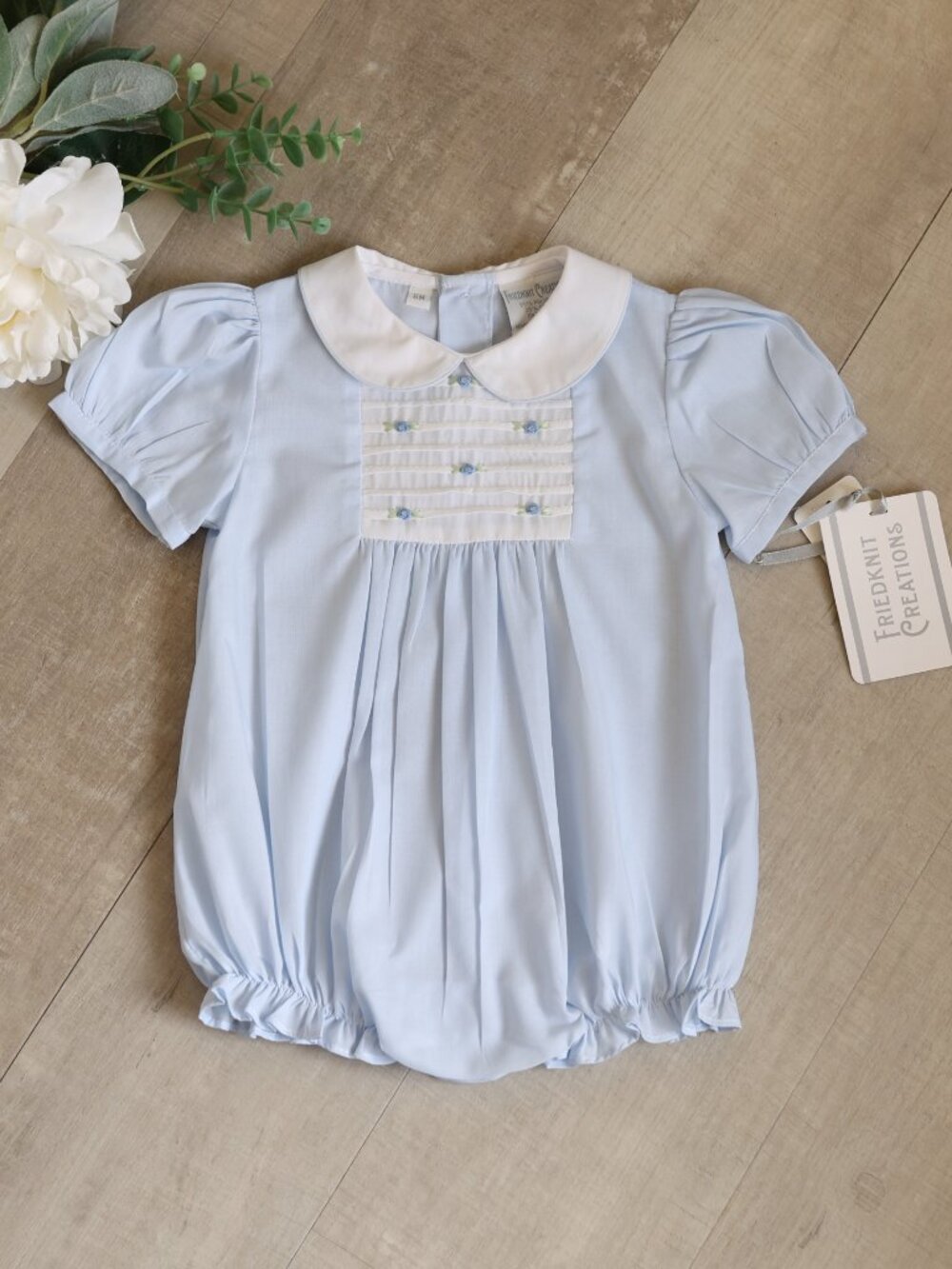 Blue Heirloom Bubble Romper Rosebud Pintucks Feltman Brothers Friedknit 6 Months